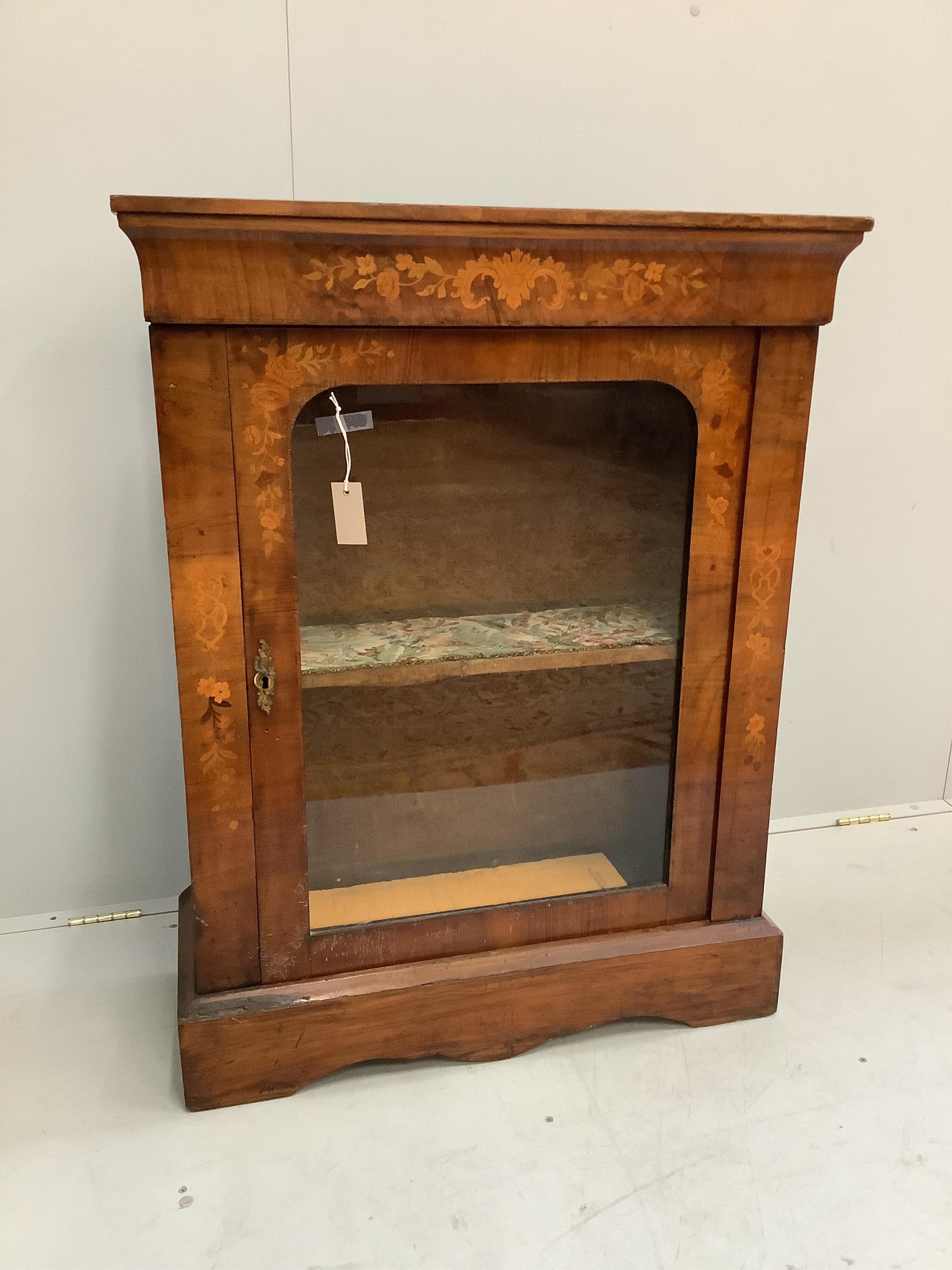 A Victorian walnut and marquetry inlaid pier cabinet, width 80cm, depth 32cm, height 105cm. Condition - poor